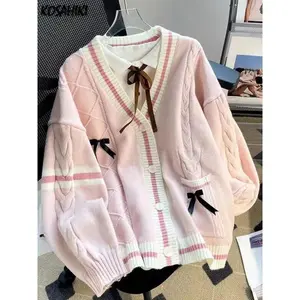 Sweet Bow Knitted Cardigans Y2k Aesthetic All Match Contrast Color Coats Fashion Single Breasted Women Kawaii JK Sweaters Jumper