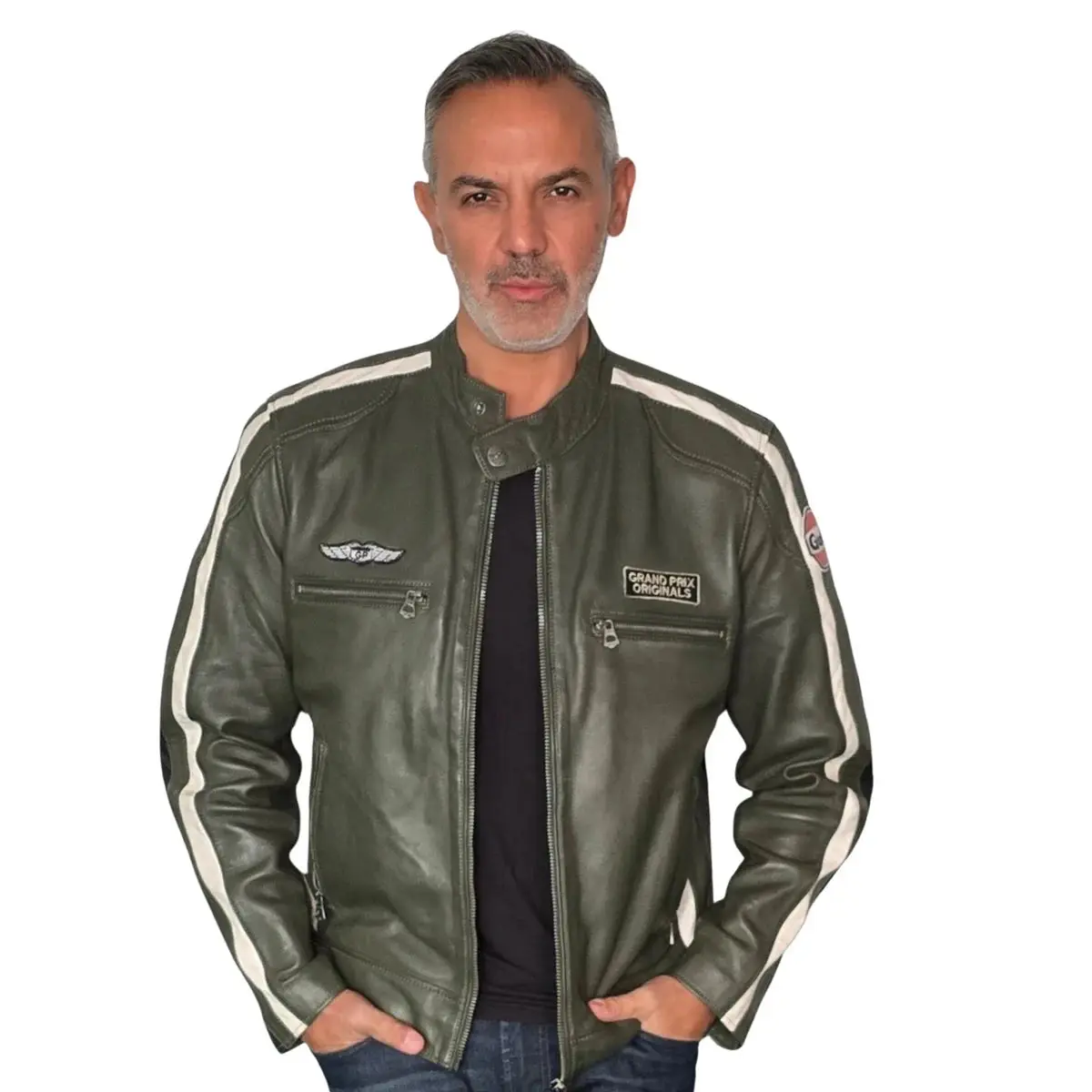 GrandPrix Originals Men's Lambskin Leather Racing Jacket - Olive/Gulf Blue/Orange