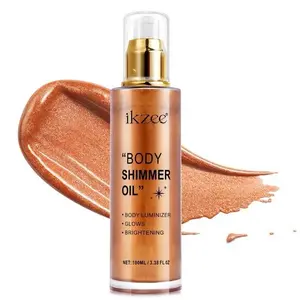 Shimmer Oil 100ml, Moisturizing Long Lasting Body Luminizer Face Brighten, Waterproof Liquid Illuminator Glow, Glitter Oil Highlighter Summer Glowing Makeup (