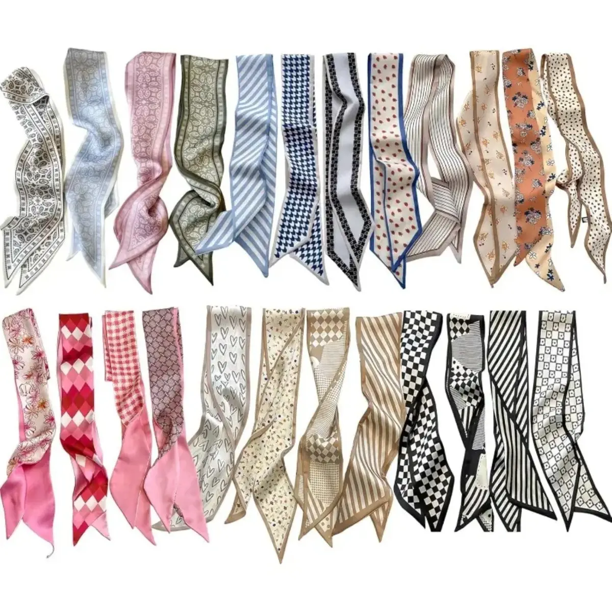Women's 24-Pack Silk-Like Bag Accessories Twillies - Headscarf, Hair Kerchief, Decorative Scarf, Neck Scarf Styling Options for Headbands, Neck Wraps, Scarf Around Neck