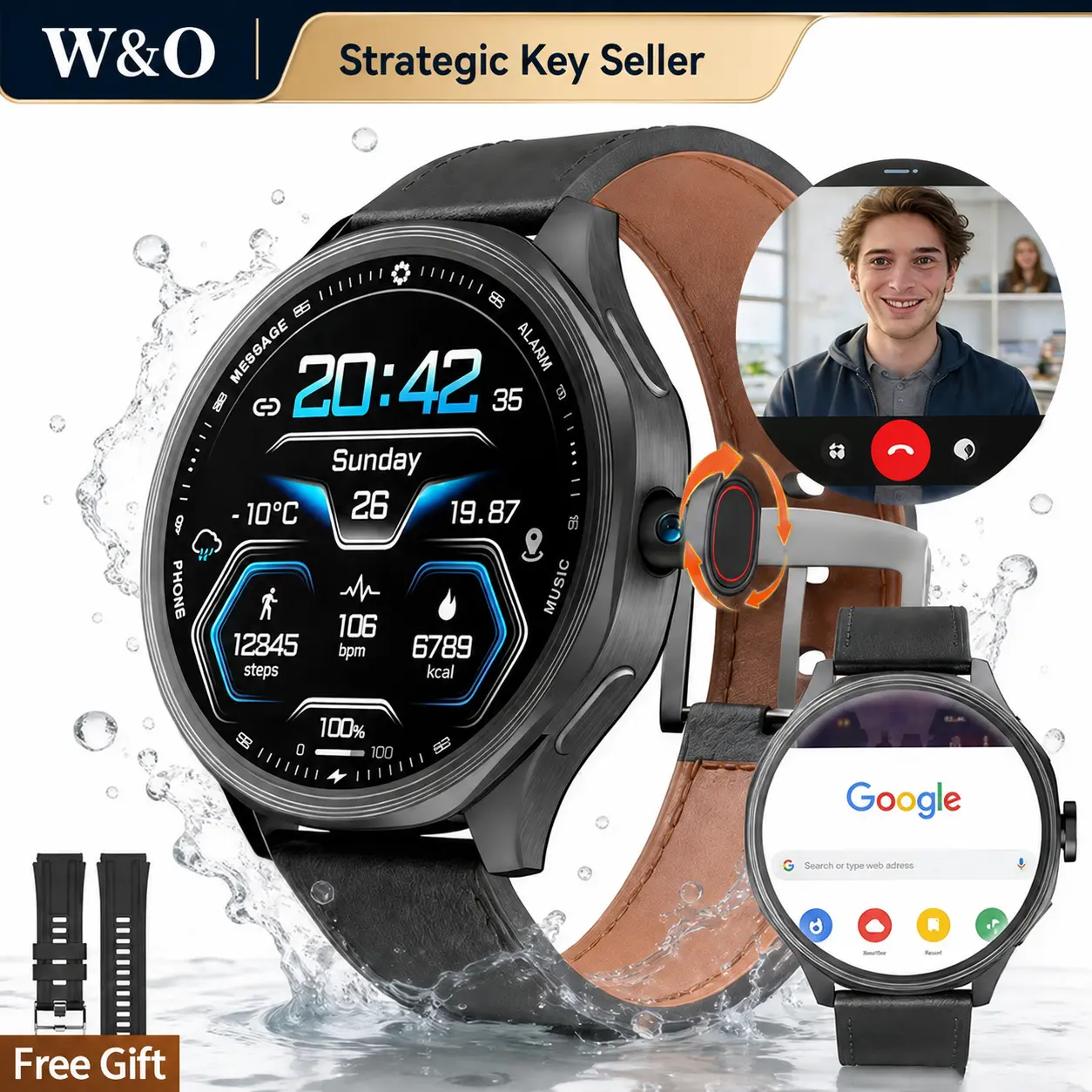 2026 Trendy 4G LTE Smart Watch, Back to School Special Gift for Men, AMOLED Display Fitness Watch with Camera, Answer/Make Call/Message, 100+ Sport Modes, Smartwatch for iPhone Android, Black