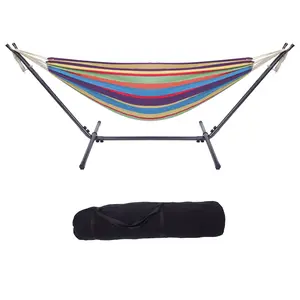 Natural Rope Hammock Set with Stand - Compact Indoor/Outdoor Hanging Bed, Small Space-Friendly Design & Colorful Accent Bars, for Patio, Garden or Balcony Relaxation