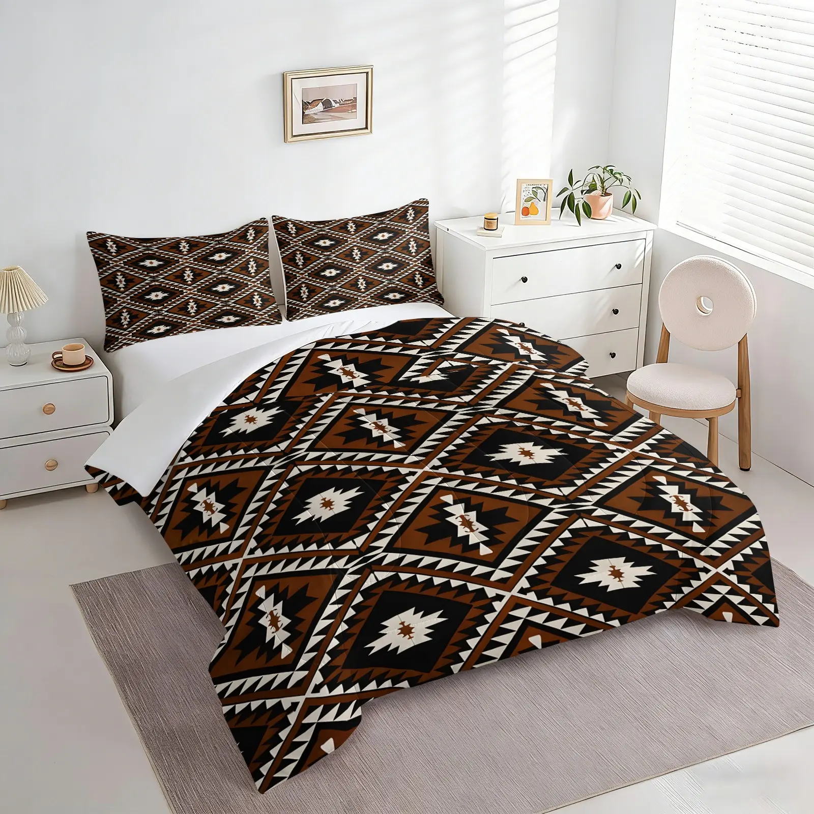2/3PCS Vintage Southwestern Aztec Geometric Comforter Set, Tribal Ethnic Western Printed Quilt, Rustic Boho Bedding Set with Pillowcases, All Season Set, Aztec Pattern Bedding Sets, Bedroom Farmhouse Lodge Country Home Decor Bedding Sets