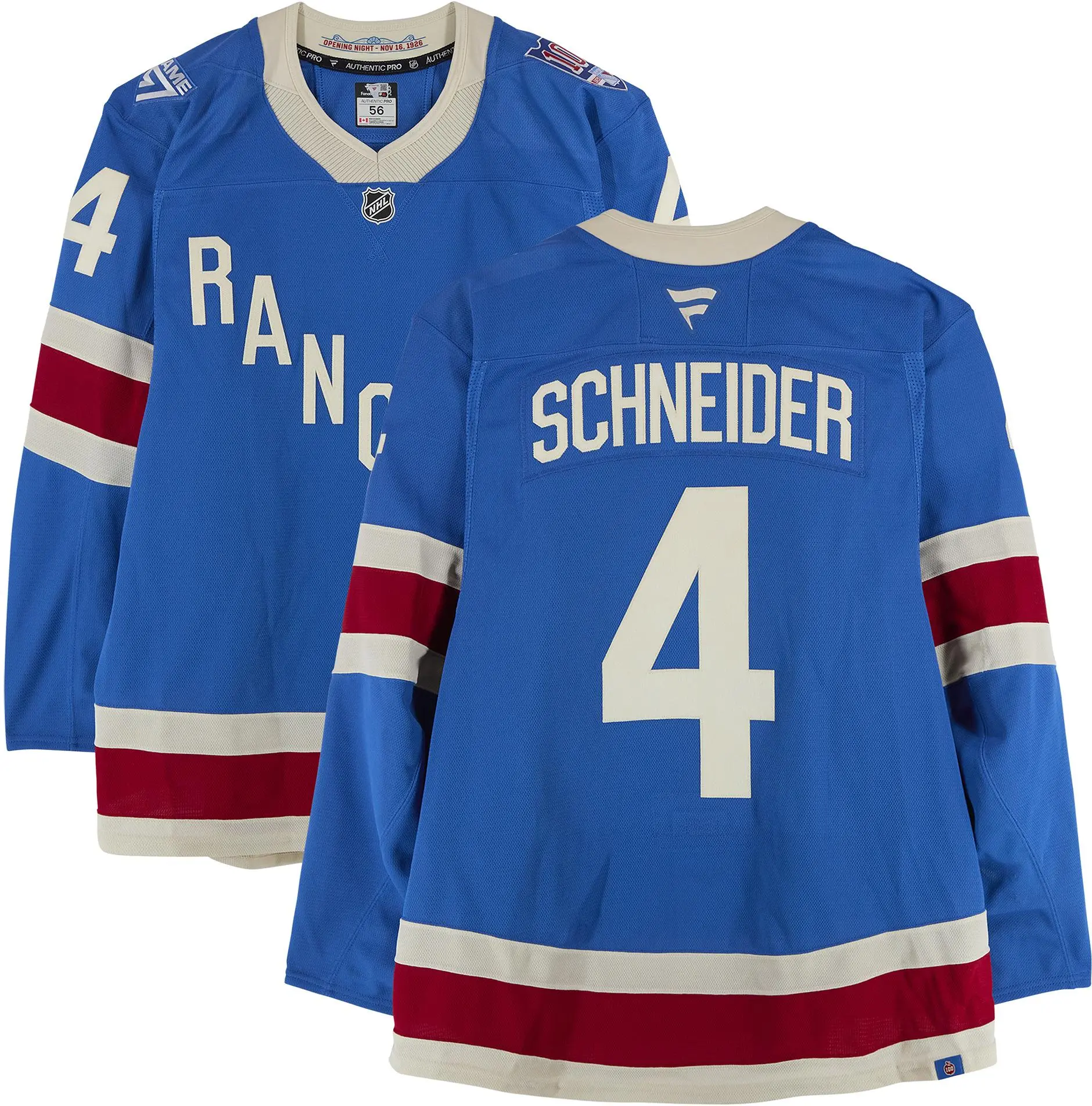 Braden Schneider New York Rangers Game-Used #4 Blue Centennial Jersey vs. Boston Bruins on January 26, 2026 - Fanatics Authentic Certified