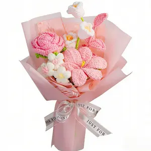 Handmade Crochet Yarn Flower Arrangement, Realistic Rose Tulip Lily Decorative Home Ornament, Perfect Gift for Birthday Wedding Valentine's Day