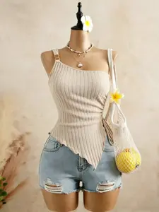 Summer Women's Knitted One-Shoulder Tank Top, Asymmetrical Hem Side Tie Slim Fit Sleeveless Shirt, Perfect for Beach and Daily Wear