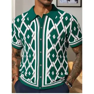 Men's business collar sweater knitted cardigan, short sleeved ethnic jacquard knitted jacket, fashionable office and casual men's clothingRAIMENTRY