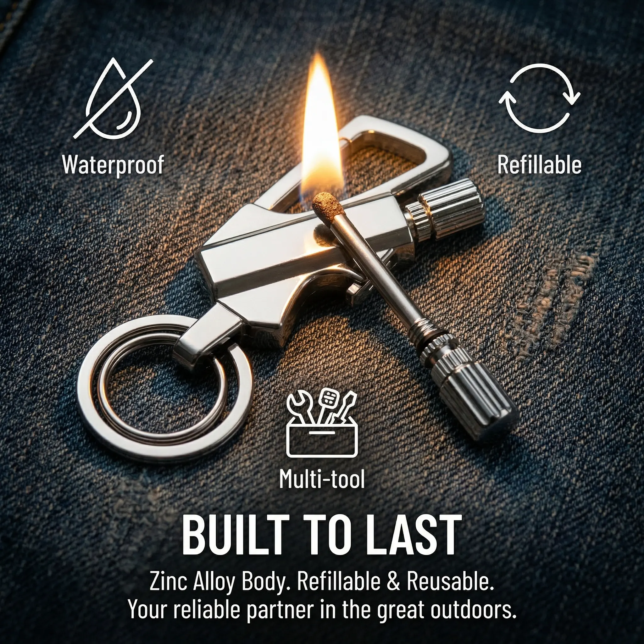 3-in-1 Multi-Function Keychain Lighter with Clip Bottle Opener 10000 Strikes Waterproof Windproof Outdoor Camping Survival Emergency Tool Black Silver Gold