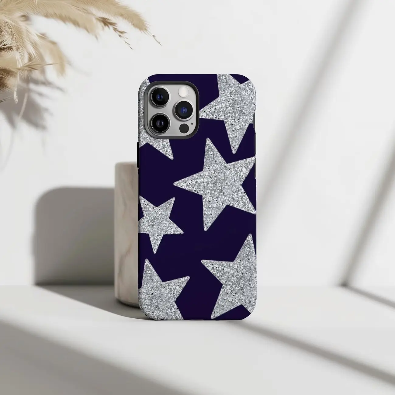 Sparkly Star Navy Tough Phone Case, Trendy iPhone Case, Cute Y2K Aesthetic Dual Layered Protective, iPhone 17 16 15 14 13 12 11, Samsung S25