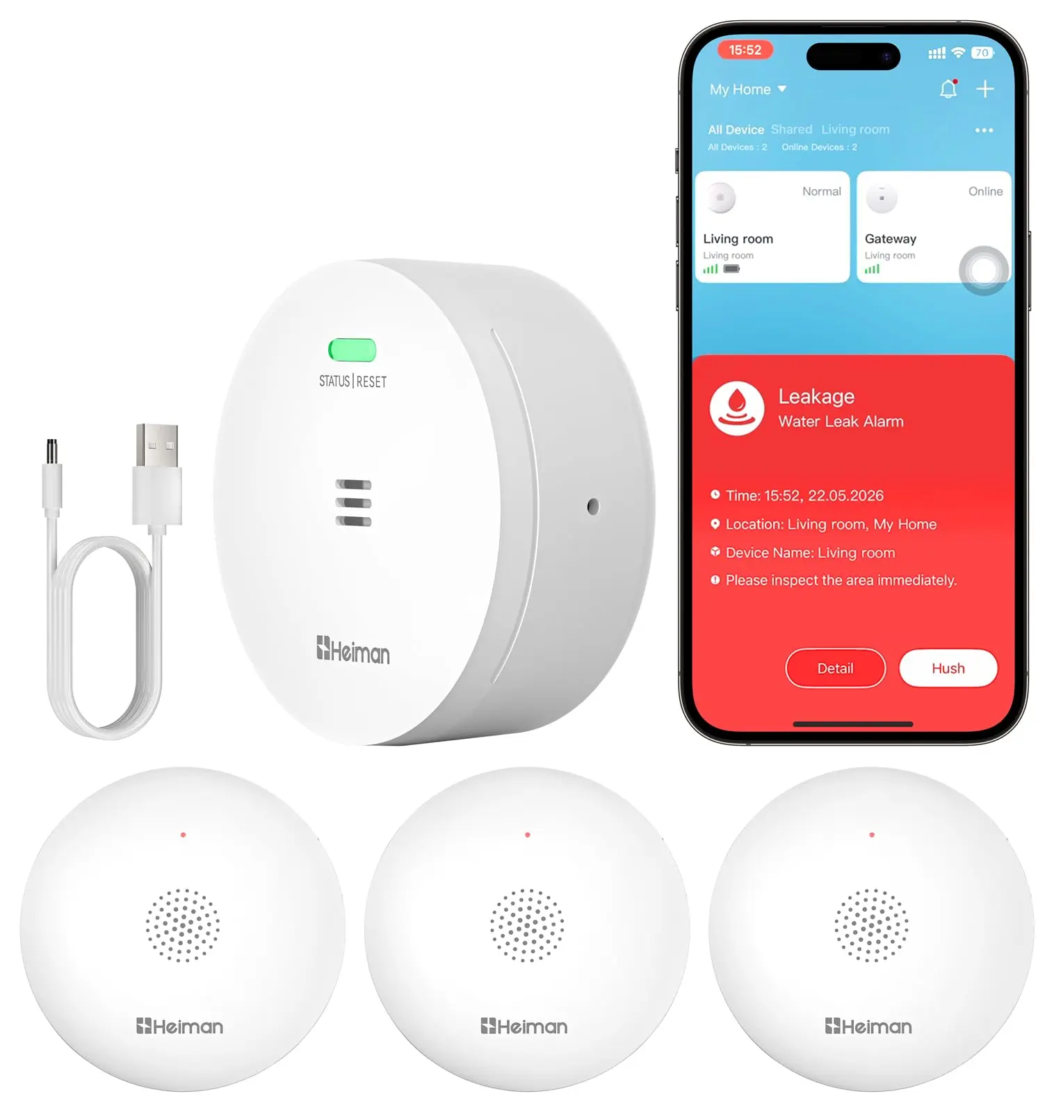 Heiman Water Leak Detector for Home, Water Sensor Alarm Leak Detector With Gateway, Battery Operated Flood Smart WiFi Water Sensor for Basement/Sump Pump, Real-Time App Alert and Sound Alarm,
