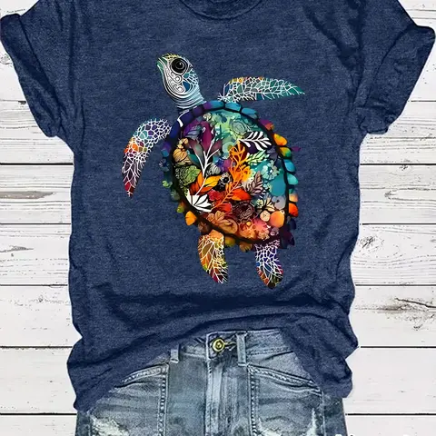 Colorful Turtle Print Round Neck T-Shirt, Casual Vacation Women's Short Sleeve Top, Daily Comfort, Elegant Design, Soft Fabric Tee, Fashion Casual Top