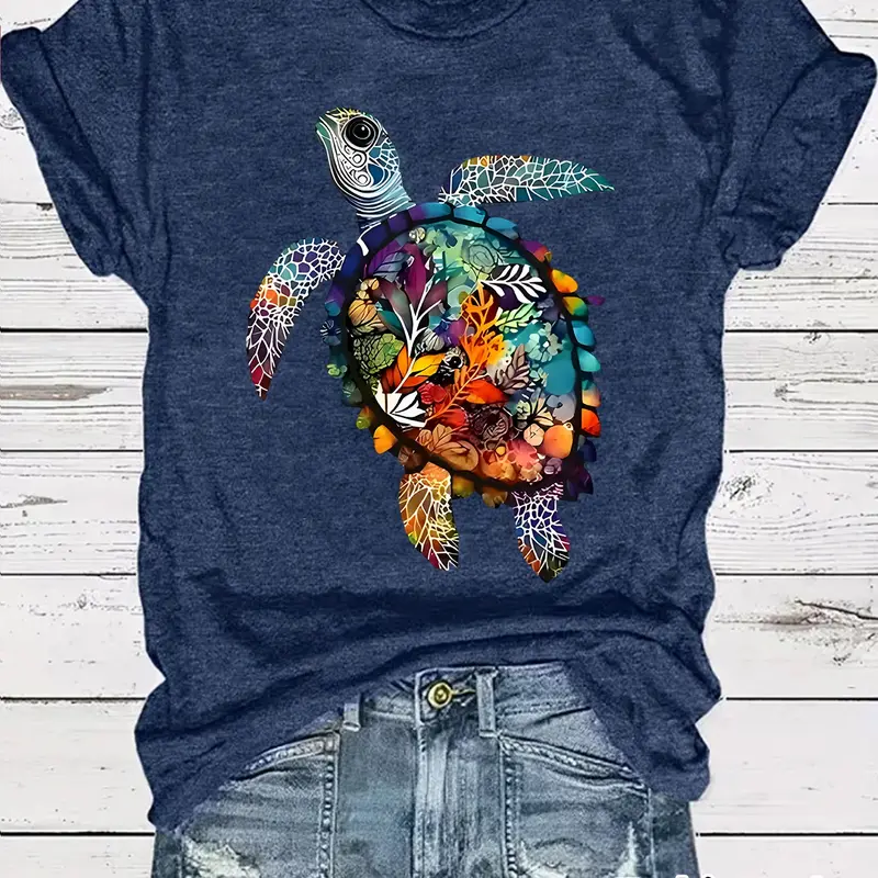 Colorful Turtle Print Round Neck T-Shirt, Casual Vacation Women's Short Sleeve Top, Daily Comfort, Elegant Design, Soft Fabric Tee, Fashion Casual Top