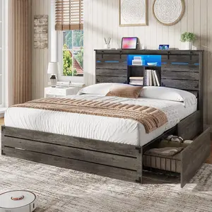 VIAGDO Wooden Bed Frame Full Size with Bookcase Headboard and Sliding Barn Door, Farmhouse Bed Frame Full Size with Charging Station, LED Lights and 4 Storage Drawers, No Box Spring Needed, Grey apartment furniture