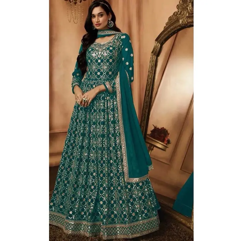 Rama Blue Size 42 Georgette Resham Work Party Wear Gown With Dupatta - Sequins Thread-work Embroidery for