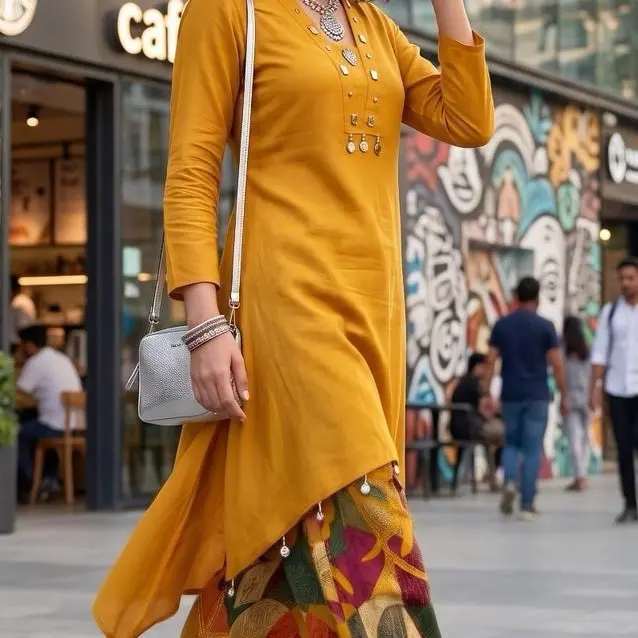 Mustard Yellow, Rayon Kurti & Matching Printed Palazzo Pants 2-Piece Set