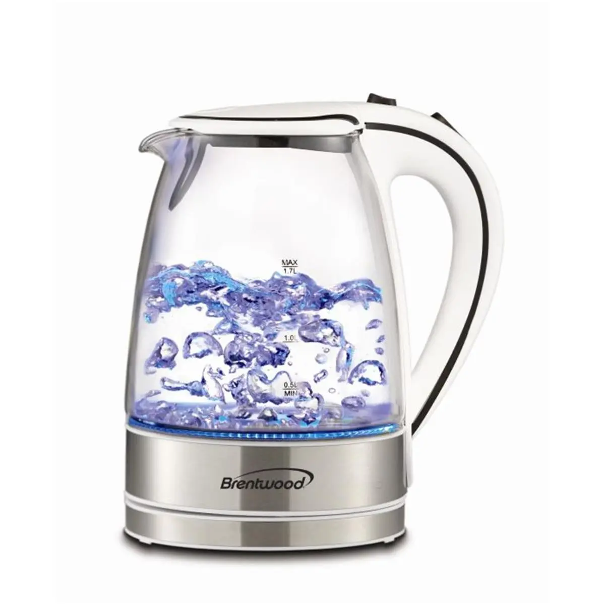 Brentwood KT1900W 1.7L Tempered Glass Tea Kettle - White, Portable Outdoor Coffee & Tea Pot with Auto Shutoff, Detachable Base, Pull-Up Lid for Hiking, Light Outdoor Camp Kitchen Use