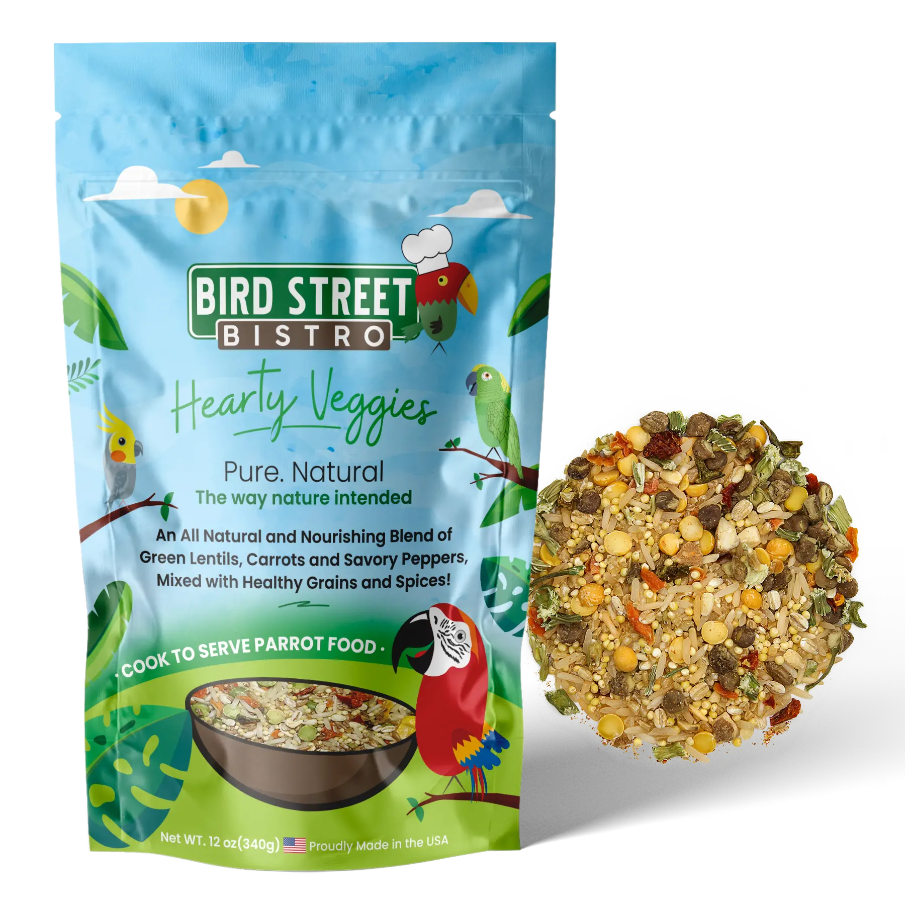 Bird Street Bistro Hearty Veggies Parrot Food - All-Natural Green Lentils, Carrots, and Cayenne Pepper Blend for Feathered Companions