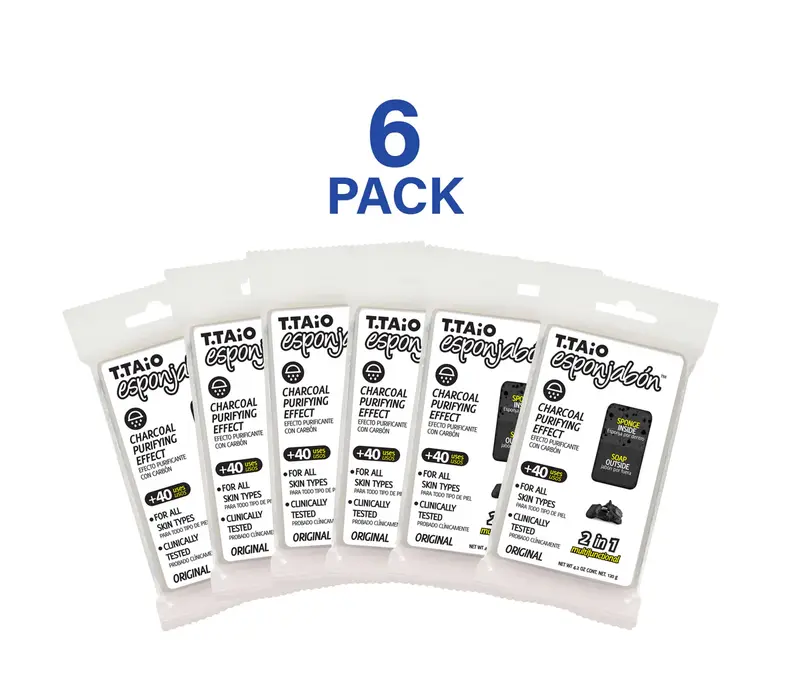 T.Taio Esponjabon Charcoal Soap Sponge – 2-in-1 Exfoliating Scrubber & Deep Cleansing Soap for Face & Body – Oil Control & Detoxifying Skincare – Pack of 6 Bath Personal