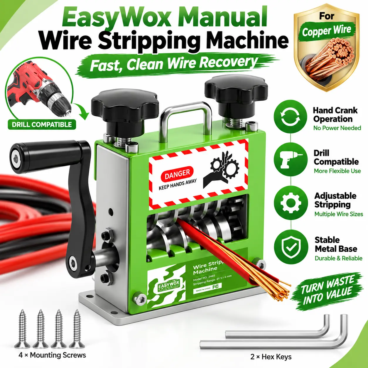 EasyWox Manual Cable Stripping Machine, Drill-Powered Hand Crank Tool with 6 Channels, 5 Steel Blades, Fits 0.06"-0.67" Wires, for Scrap Wire to Copper Recycling, Tools and Gadgets for DIY Users