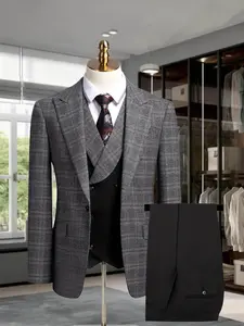 Men's 3-Piece Wedding Suit Plaid Set, Includes Jacket+vest+pants, Long Sleeves, Peak Lapels, Button Details, Fitted Design, All-Season Wear