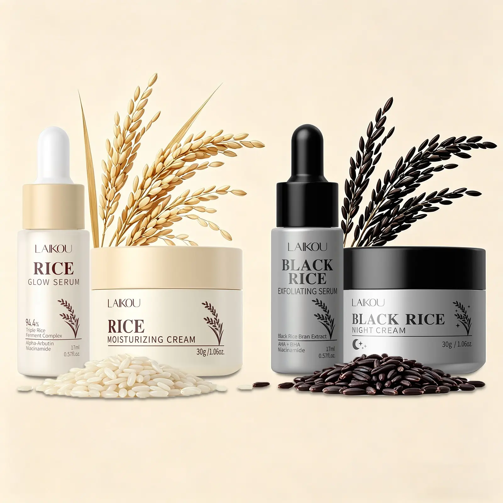 LAIKOU Day & Night Rice Glowing Skin Care Sets - 4 PCS Glow & Exfoliating Routine | Rice Glow Serum & Cream for Day + Black Rice Serum & Night Cream | 24H Hydrating & Smoothing Kit with Gift Box