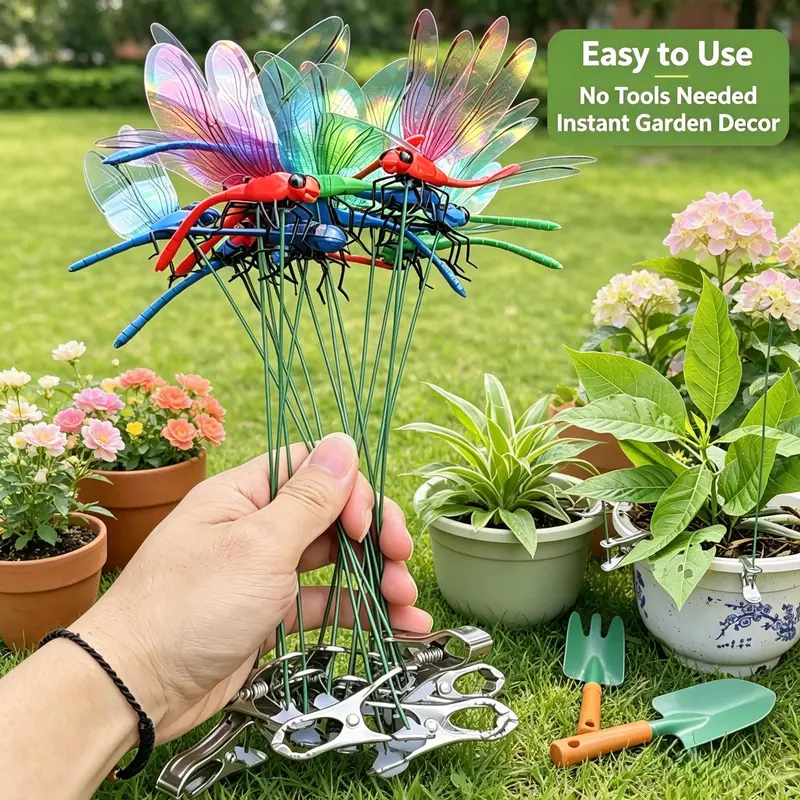Summer Outdoor Dragonfly Decorative Clips - Artificial Dragonflies for Outdoor Decor, Garden Bug Repellent, Flying Insect Protection for Patio Camping