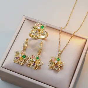 4PCS Jewelry Set Bauhinia Necklace Earrings Ring for Women, Zircon Flower New Design Pendant Elegant Set, Titanium Steel Necklace, Gift for Friends