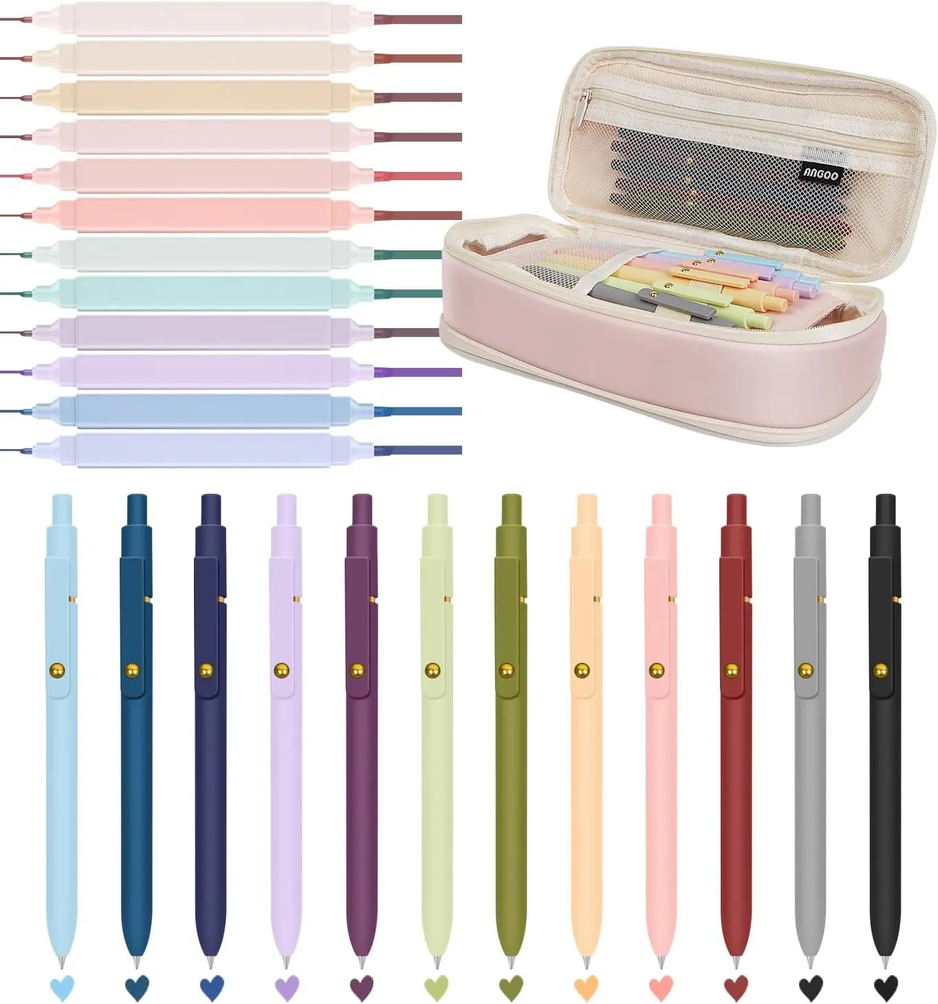 25 count Aesthetic School Supplies with Big Capacity Pen Case, 12 count  Highlighters & 12 count Colored Pens Set, No Bleed Pastel Highlighters Assorted Colors Pens for  Study Supplies (Multicolor)