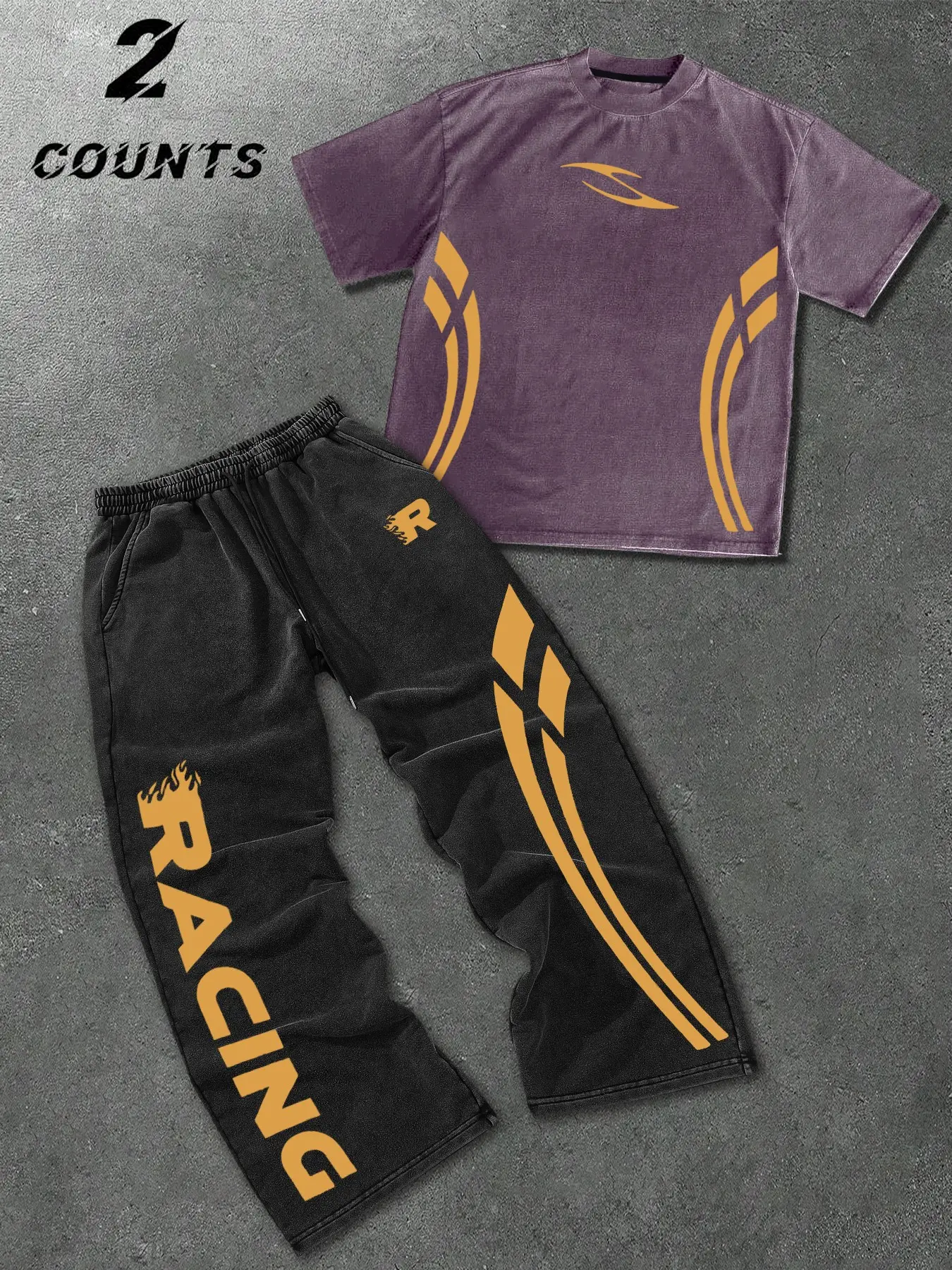 Vintage Acid Wash Racing Tracksuit Sets: Men's Oversized Graphic T-Shirt and Baggy Pants - 2-Piece Streetwear Set for Retro Y2K Aesthetic & Daily Wear.