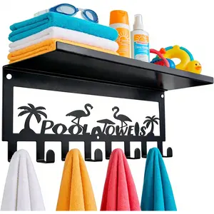 Pool Towel Rack Outdoor with Hooks - 15.7" x 5.3" Flamingo Towel Holder with Shelf 8 Hooks for Outside, Towels Drying Storage and Organization, Hot Tub Accessories Beach Poolside Bathroom Decor, Black