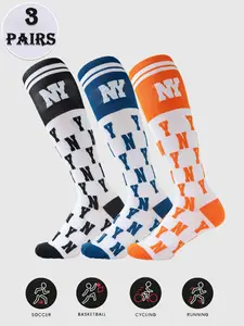 3 pairs of unisex NY letter long socks with full-print letters   long design sports fit socks suitable for basketball, football and other scenarios