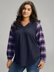 BloomChic Women's Casual Cotton Plaid Print Hooded Patchwork Pullover Sweatshirt - Long Sleeves, Spandex-Blend Fabric, Stylish Tops for Everyday Wear, Comfortable Fit