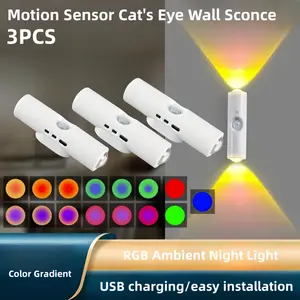 3pcs Mini LED Motion Sensor Light, RGB Color Adjustable, Lighting Modes Adjustable, USB Rechargeable, Indoor Wall Light, Suitable for Bedroom, Office, Staircase
