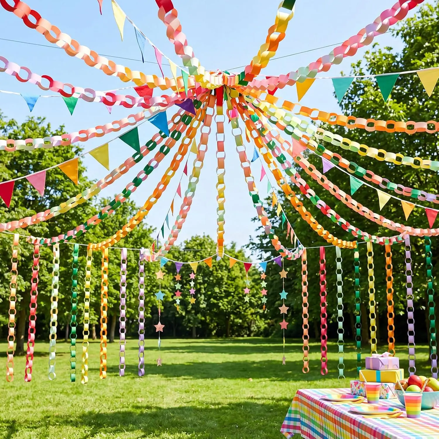 Bright Colorful Rainbow Stripe Paper Chain Garland Set - 1000 1x8 In Paper Strips with Double-Sided Tape, DIY Craft Supplies for Classroom, Party Decorations, Chain Links