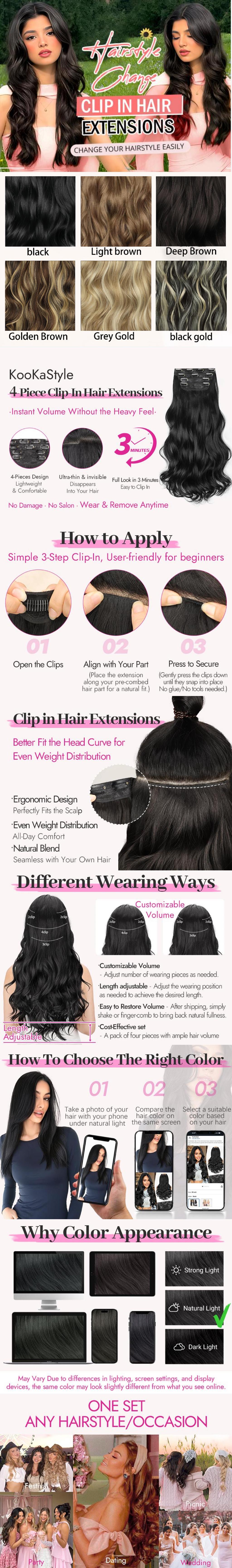 Plodon Grey-Gold Hair Extensions, 16/20/24 Inch Four-Piece Set (4/3/2/2) for Long Waves, Easy to Put On and Remove, Convenient Everyday Hair Extensions