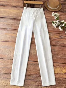 A pair of women's white drawstring high-waisted wide-leg Basic casual trousers, Pants, light and fresh daily loose trousers, suitable for spring and summer going out, light social afternoon tea, leisure and vacation, home and outdoor wear