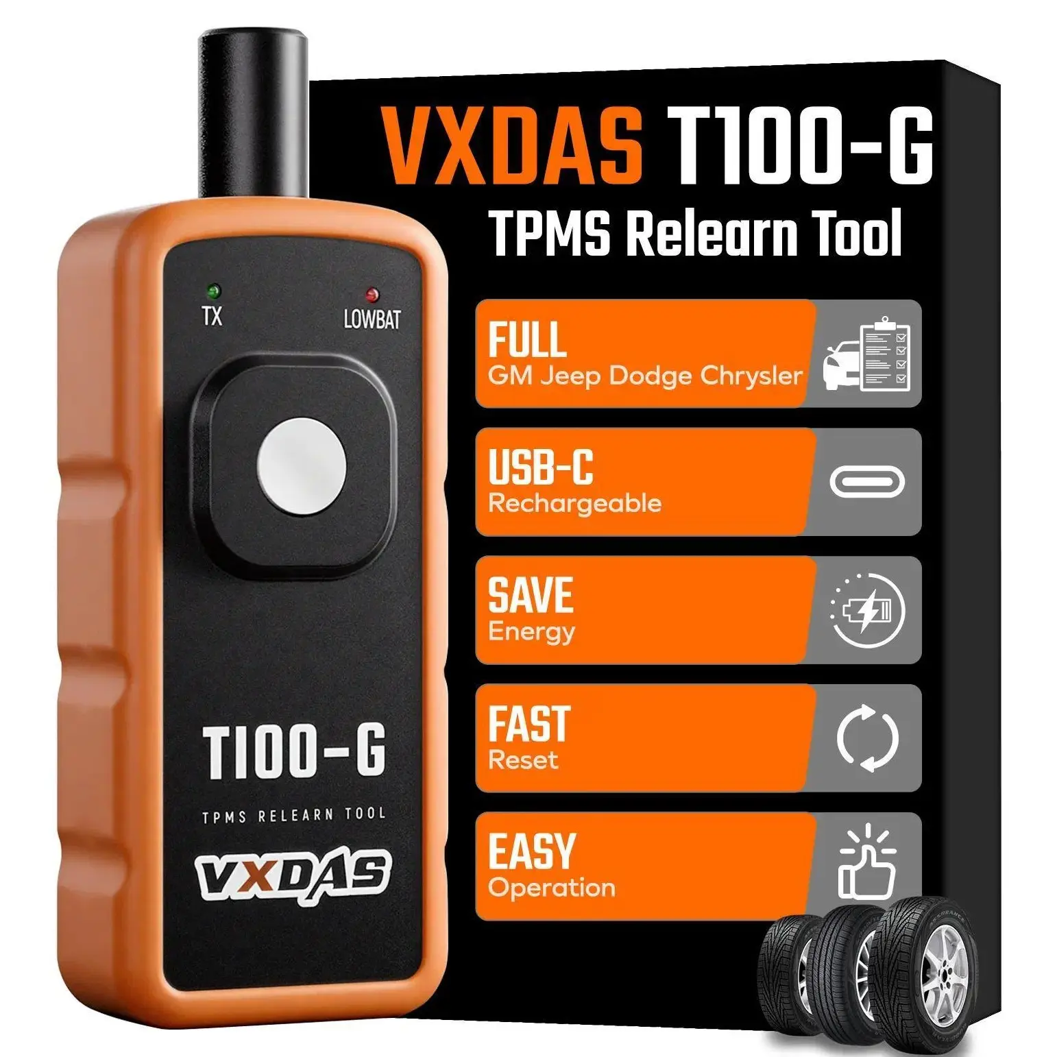[GM, Jeep, Dodge & Chrysler] VXDAS T100-G TPMS Relearn Tool, USB-C Rechargeable Tire Sensor Activation & Reset Tool for Chevrolet, GMC, Buick, Cadillac, Jeep, Dodge and Chrysler Vehicles