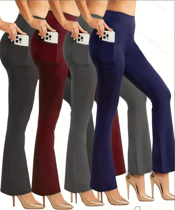4-pack women’s fitted leggings with pockets, stretchy flared leggings, casual fashionable base layer for outerwear