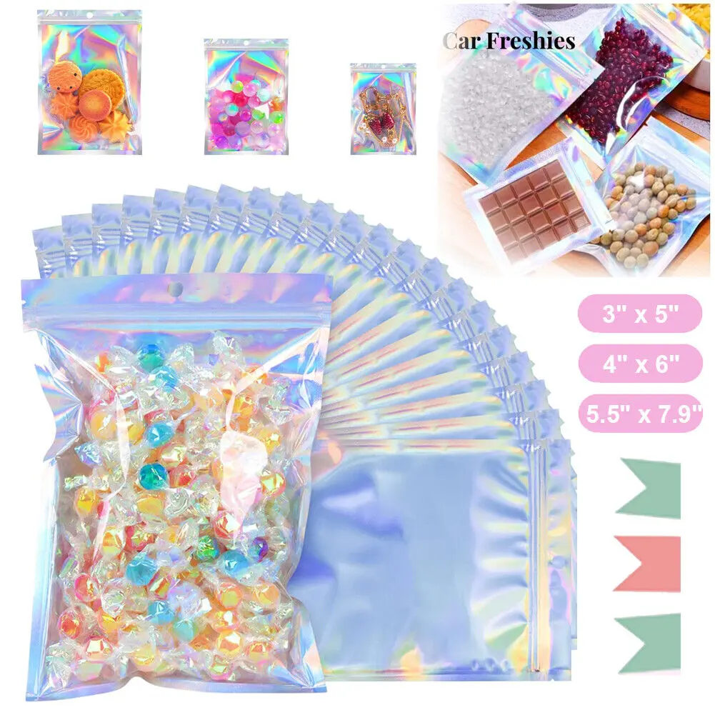 SJPACK 100PCS Holographic Aluminium Mylar Foil Bags - Smell Proof, Water Proof, Resealable Zip Seal Storage Pouches for Candy, Food - Home Organizer