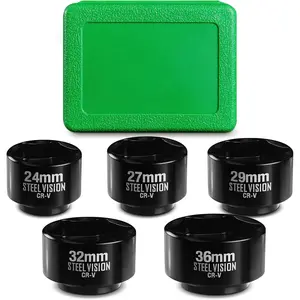 5-Piece 3/8" Drive Low Profile Oil Filter Socket Set, Metric 24mm, 27mm, 29mm, 32mm, 36mm, Chrome Vanadium Steel, 6-Point Design, Laser-Etched Markings, Includes Storage Case