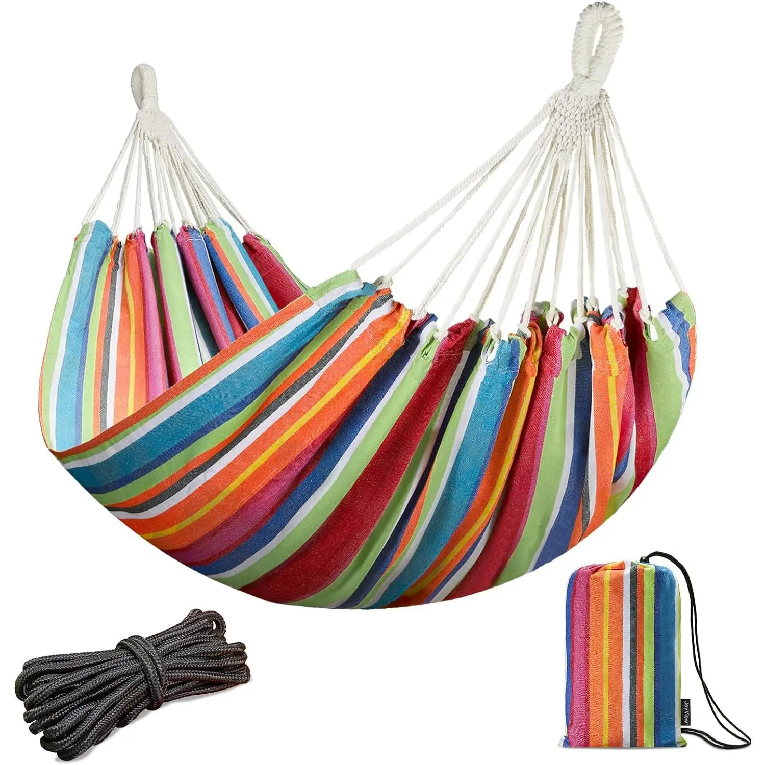 Brazilian Double Hammock with Hanging Ropes Extra Large 86.6x59" Portable Cotton Hammock for Patio Backyard Porch 450LBS Weight Capacity Perfect for Outdoor/Indoor - Color Stripes