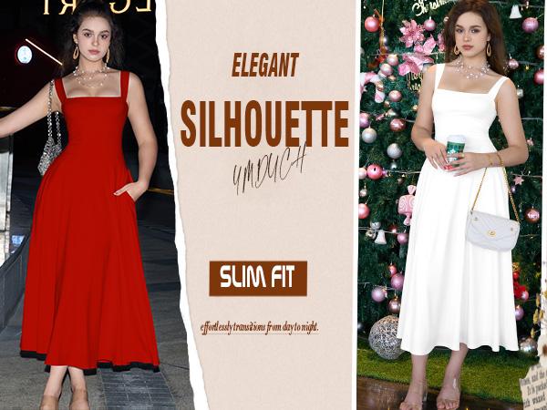 OYS Women's Casual Sleeveless Square Neck A-Line Solid Slim Flowy Long Dress with Pockets & Back Tie Detail Design