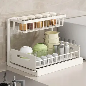 Kitchen fixed shelf sink arrangement and storage, sink storage, sliding pull-out cabinet arrangement rack, metal sliding drawer, for kitchen bathroom refrigerator cabinet organization rack, simple and practical kitchen storage essential goods
