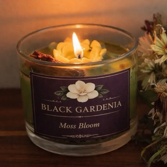 Black Gardenia Moss Bloom Candle - Aromatic Scented Wax Candle in Glass Container for Home Decor