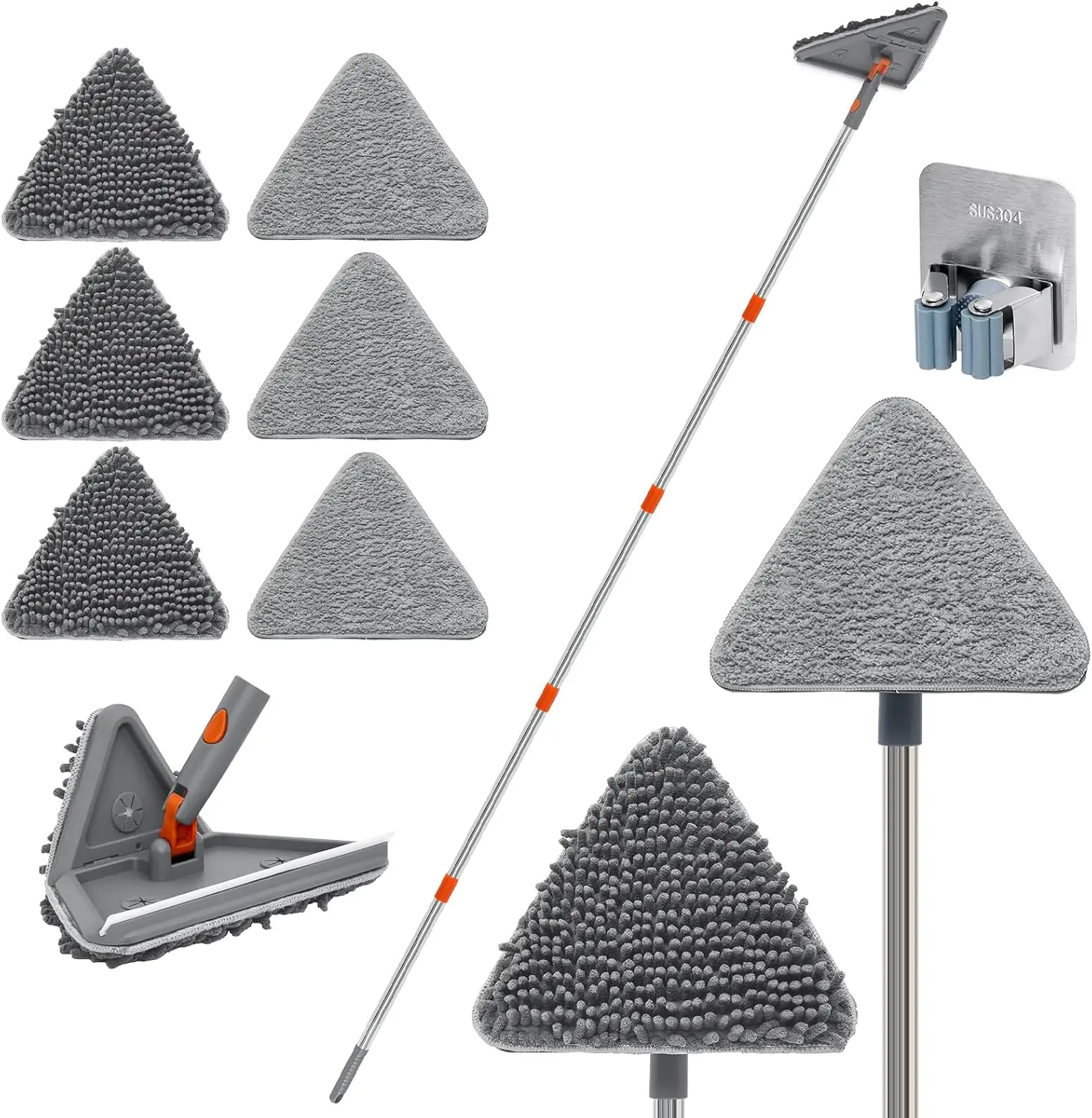 82-in Extendable Stainless Steel 3-in-1 Wall Cleaning Tool Set - Silicone Squeegee, 6 Synthetic Microfiber Chenille Pads, Hangable Dusting Mop for Walls, Windows, Cleaning Corners, Wipe