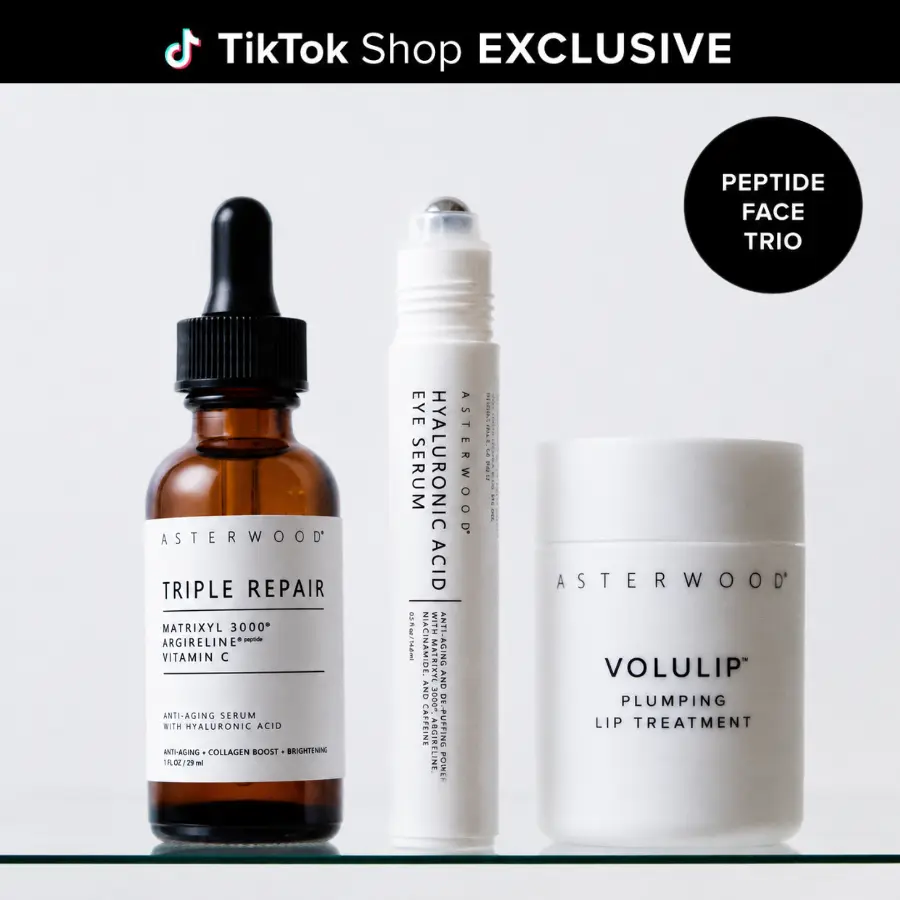 Asterwood Peptide Face Trio – Triple Repair Serum, Hyaluronic Acid Eye Serum & Volulip Lip Treatment