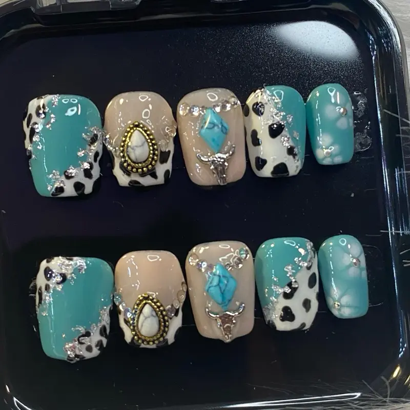 Mad Nailz Western Cow Print Press-On Nails, Turquoise Accents, Rhinestone Decorations, Teal Elements & Nail Inspo