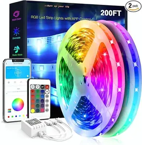 200ft (2 Rolls of 100ft) Bluetooth LED Strip Lights – RGB Color Changing, Music Sync, App & Remote Control, Flexible Adhesive, Timer Function, Ideal for Bedroom, Living Room, Party, and Home Decor