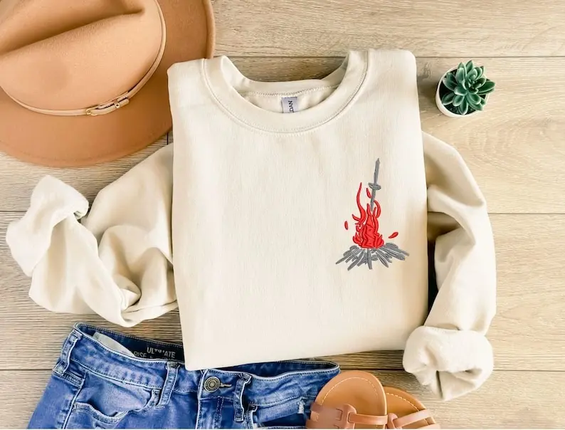 Embroidered Dark Souls Bonfire Sweatshirt, Cozy Gamer Apparel, Handmade Gaming Hoodie, Perfect Gift for Gamers, Geek Chic Fashion, Video game shirt, Dark souls 3, Bloodborne Shirt