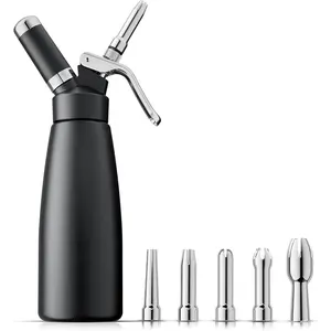 Professional  Whipped Cream Dispenser - 500 mL/1 Pint,Whipped Cream Maker Canister with 5 Decorating Nozzles & Cleaning Brush - Need To Use N2O Chargers (Not Included) (Black, 500ml)